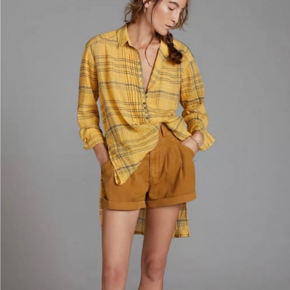 Anthropologie Pilcro Mustard and Black Plaid Tunic Mini Dress Button-Down